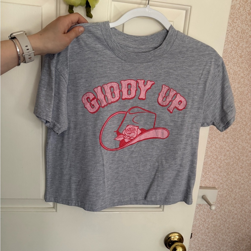 Giddy Up Gray Cropped Graphic Tee with Pink Accent